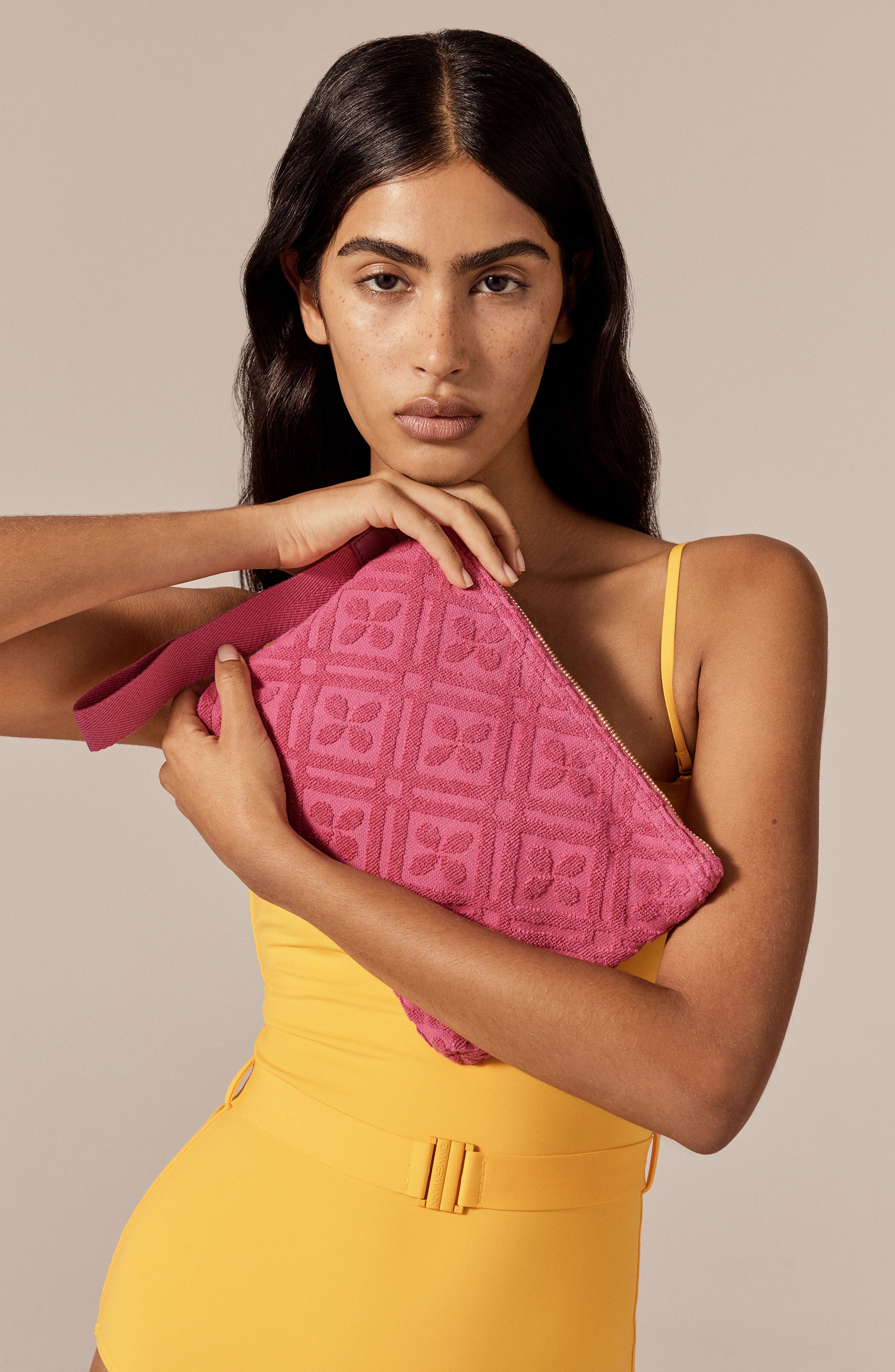 Dayani Terry Cloth Clutch, Alternate, color, BRIGHT PINK