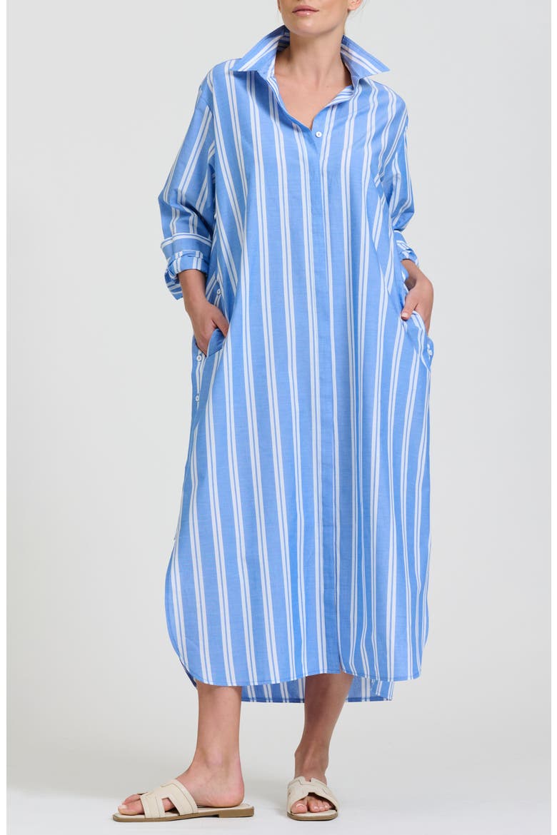 Button Side Stripe Cotton Shirtdress, Main, color, MID BLUE STRIPE