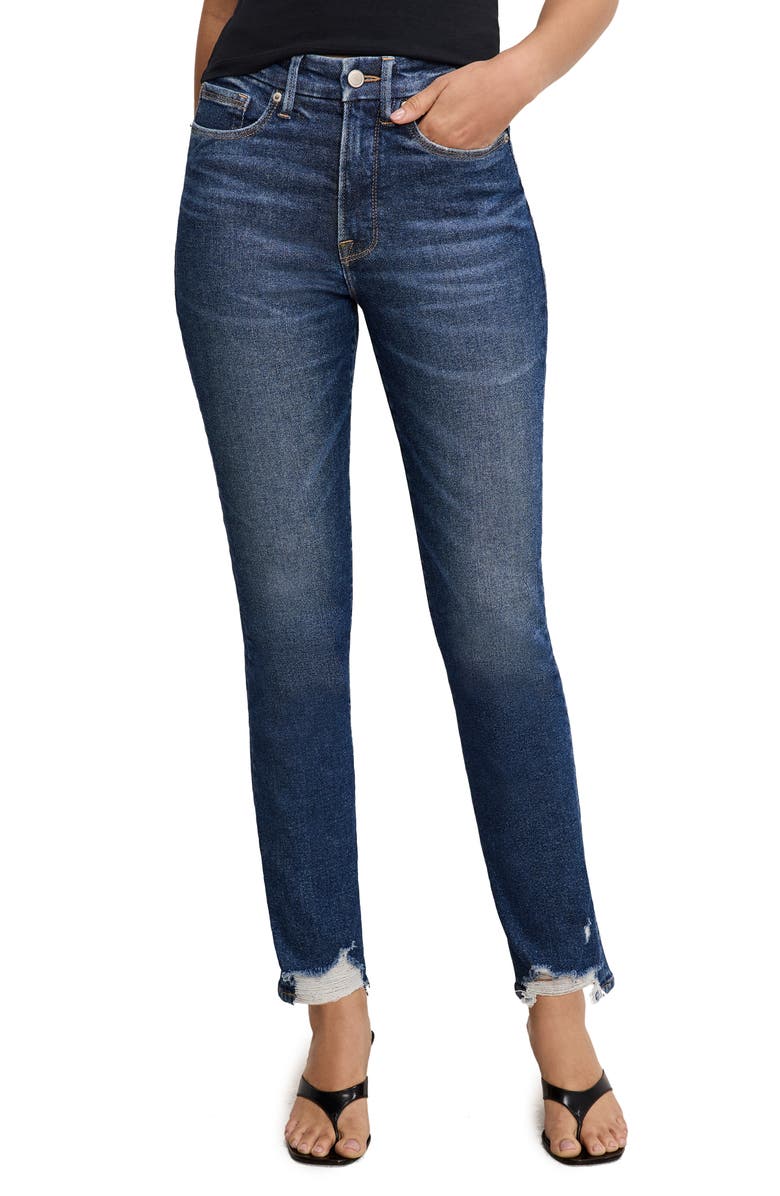 Good American Good Legs Chewed Hem Ankle Straight Leg Jeans, Main, color, Indigo765