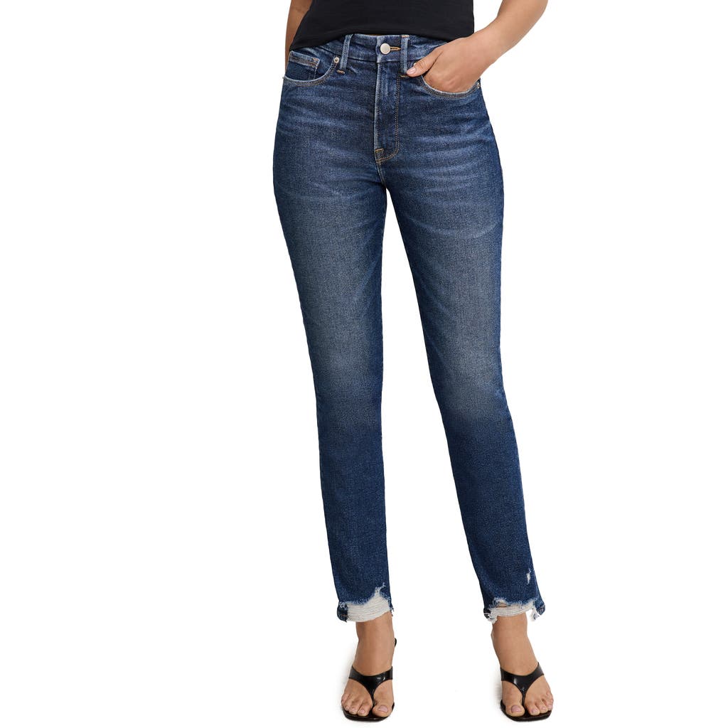 Good American Good Legs Chewed Hem Ankle Straight Leg Jeans In Blue
