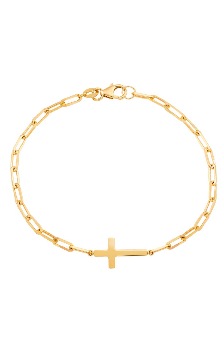 Frankie & Zoe Paper Clip Chain Cross Charm Bracelet, Main, color, Yellow Gold