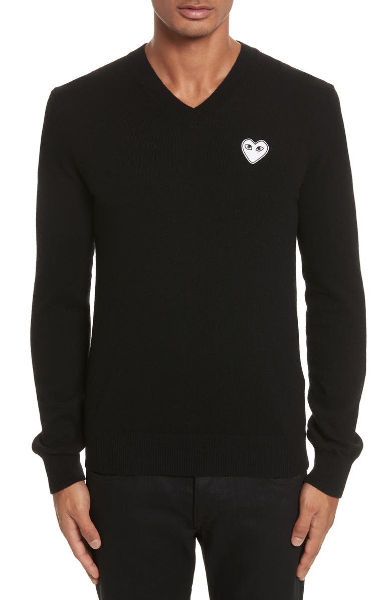 Comme des Garçons PLAY White Heart Wool V-Neck Sweater, Main, color,