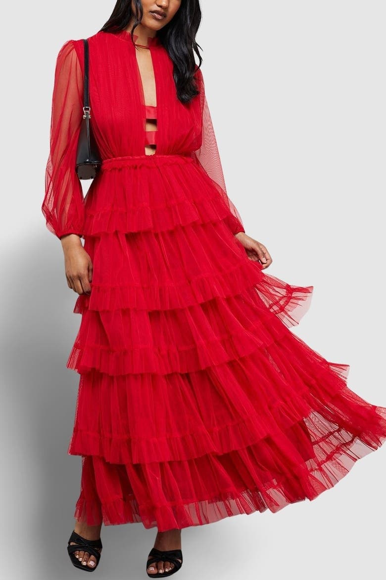 Ruffle Neck Tulle Maxi Dress, Alternate, color, Red