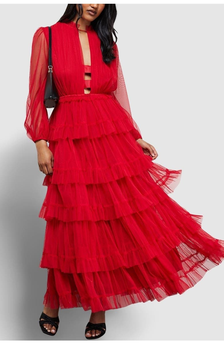 Warehouse Ruffle Neck Tulle Maxi Dress, Alternate, color, Red