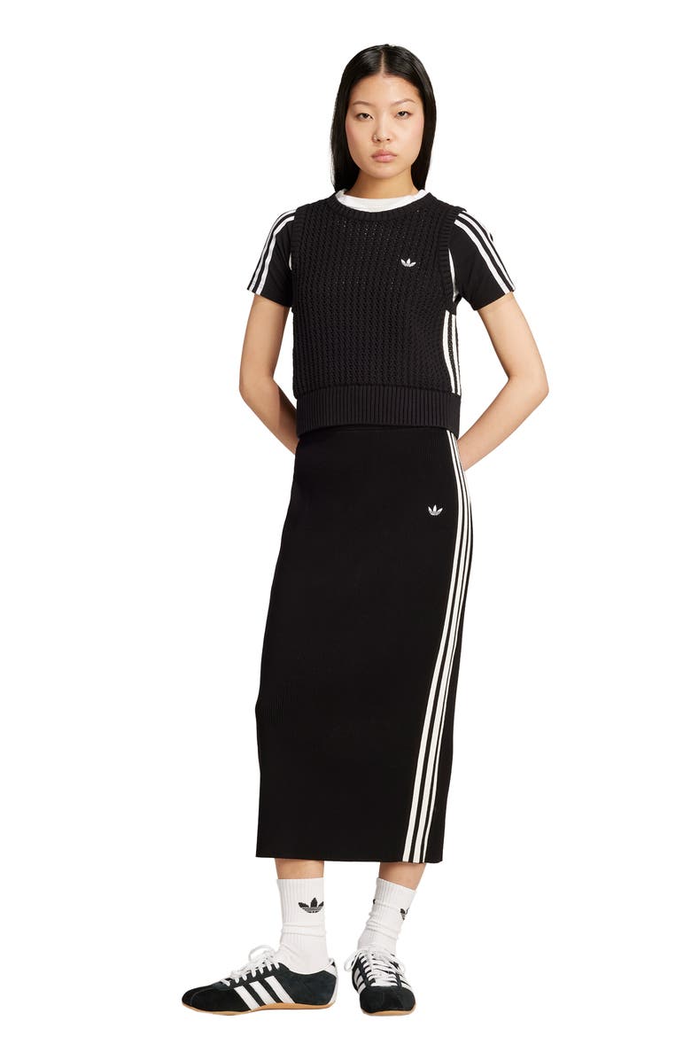 adidas 3-Stripes Knit Midi Skirt, Alternate, color, Black