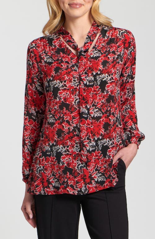 Apny Print Tassel Tie Neck Top In Red