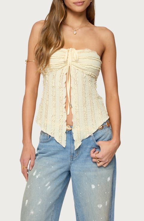 Ruffle Split Front Strapless Top