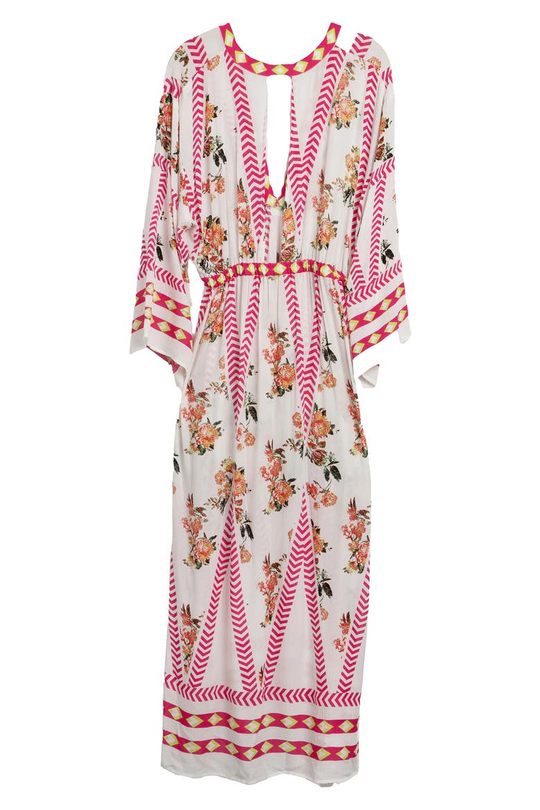 Floral Print Plunge Neck Cover-Up Kaftan, Alternate, color, WHITE COMBO