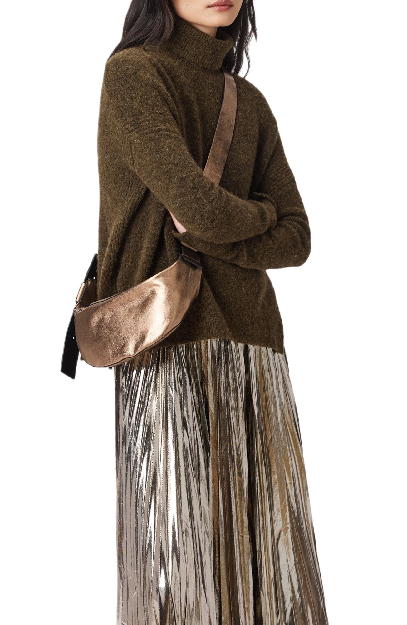 AllSaints Luna Metallic Leather Crossbody Bag, Alternate, color, 