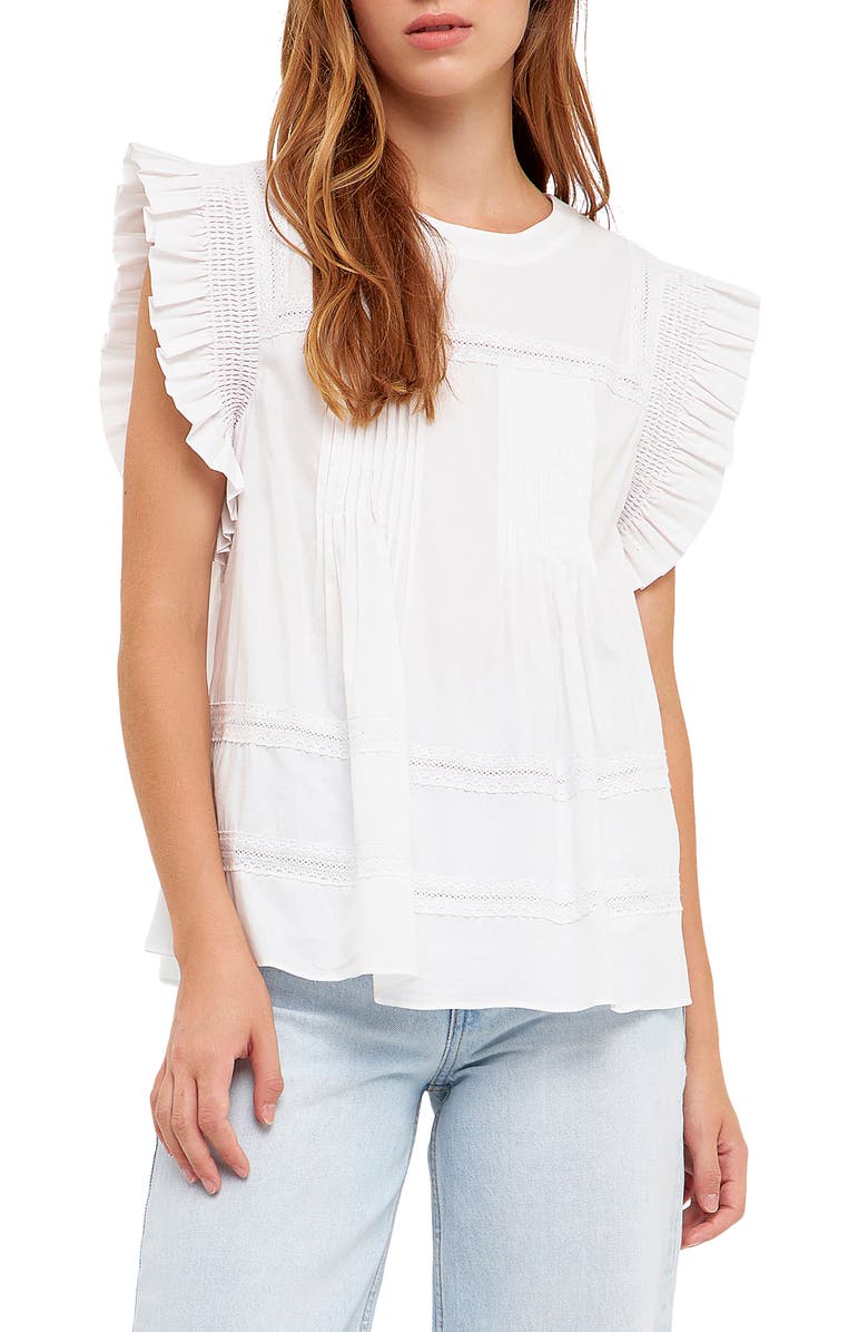 English Factory Ruffle Sleeve Cotton Poplin Top, Main, color,