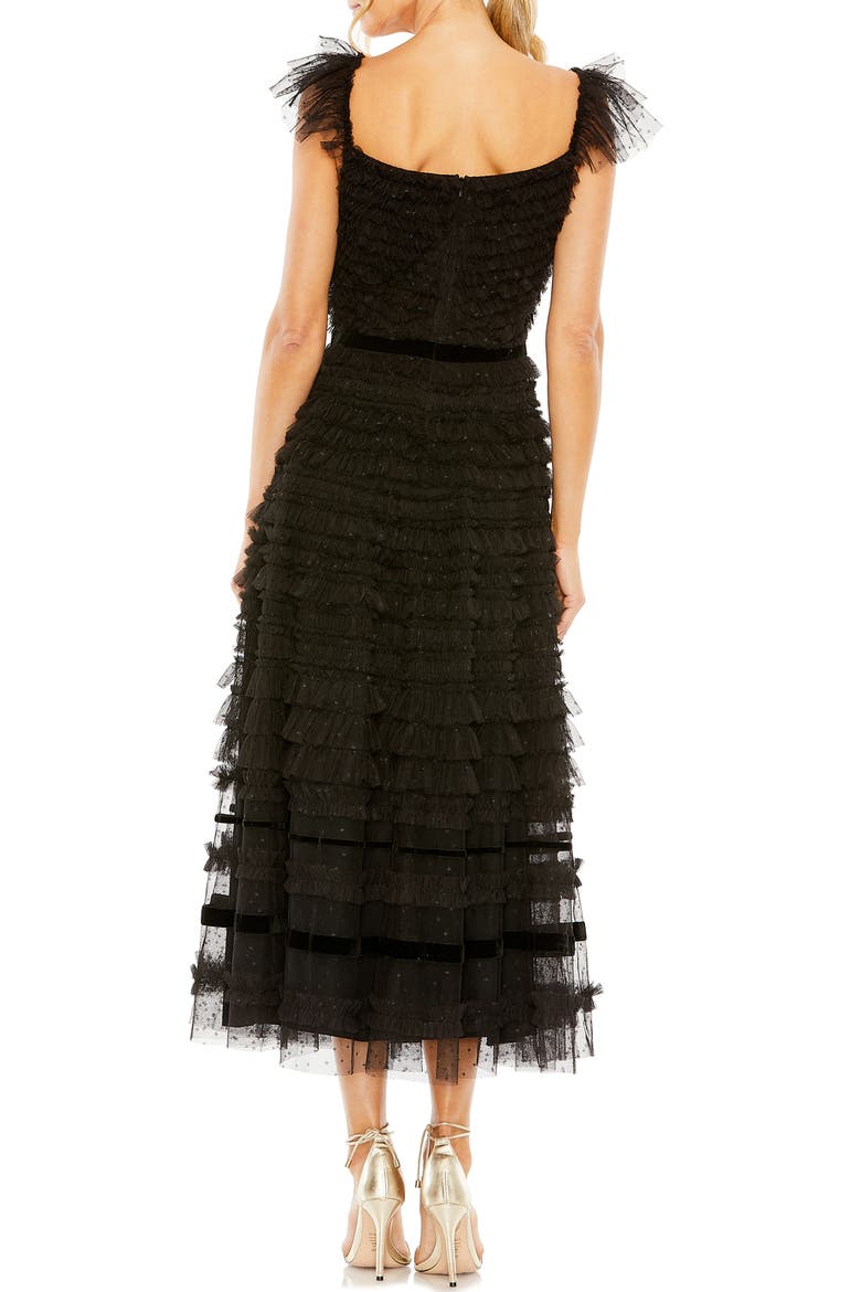 Women's Ruffle Cap Sleeve Embellished Tiered Midi Dress, Alternate, color, BLACK