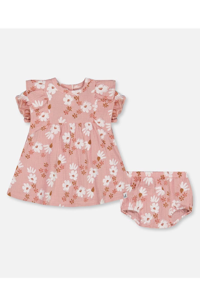 Deux par Deux Baby Girl's Printed Muslin Dress And Bloomer Set Pink And White Flowers, Main, color, Pink And White Flowers