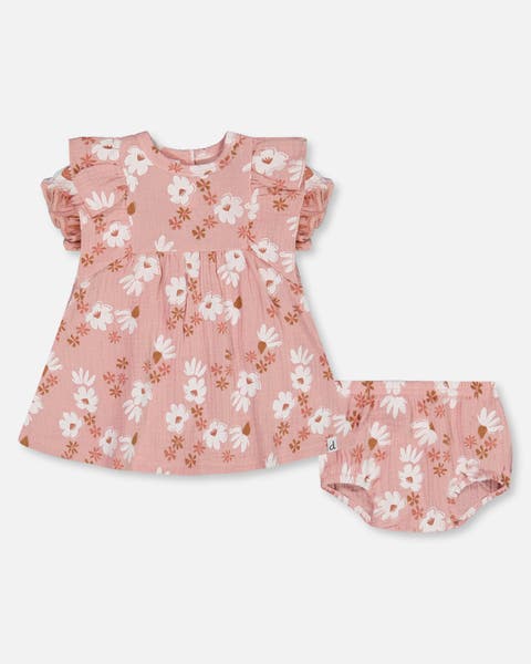 Deux Par Deux Muslin Dress and Bloomer - Printed Pink and White Flowers