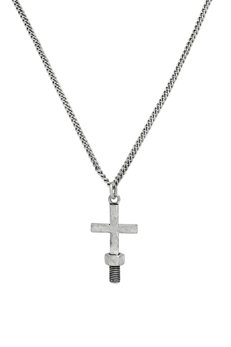 Men's Screw Cross Pendant Necklace, Alternate, color, RHODIUM