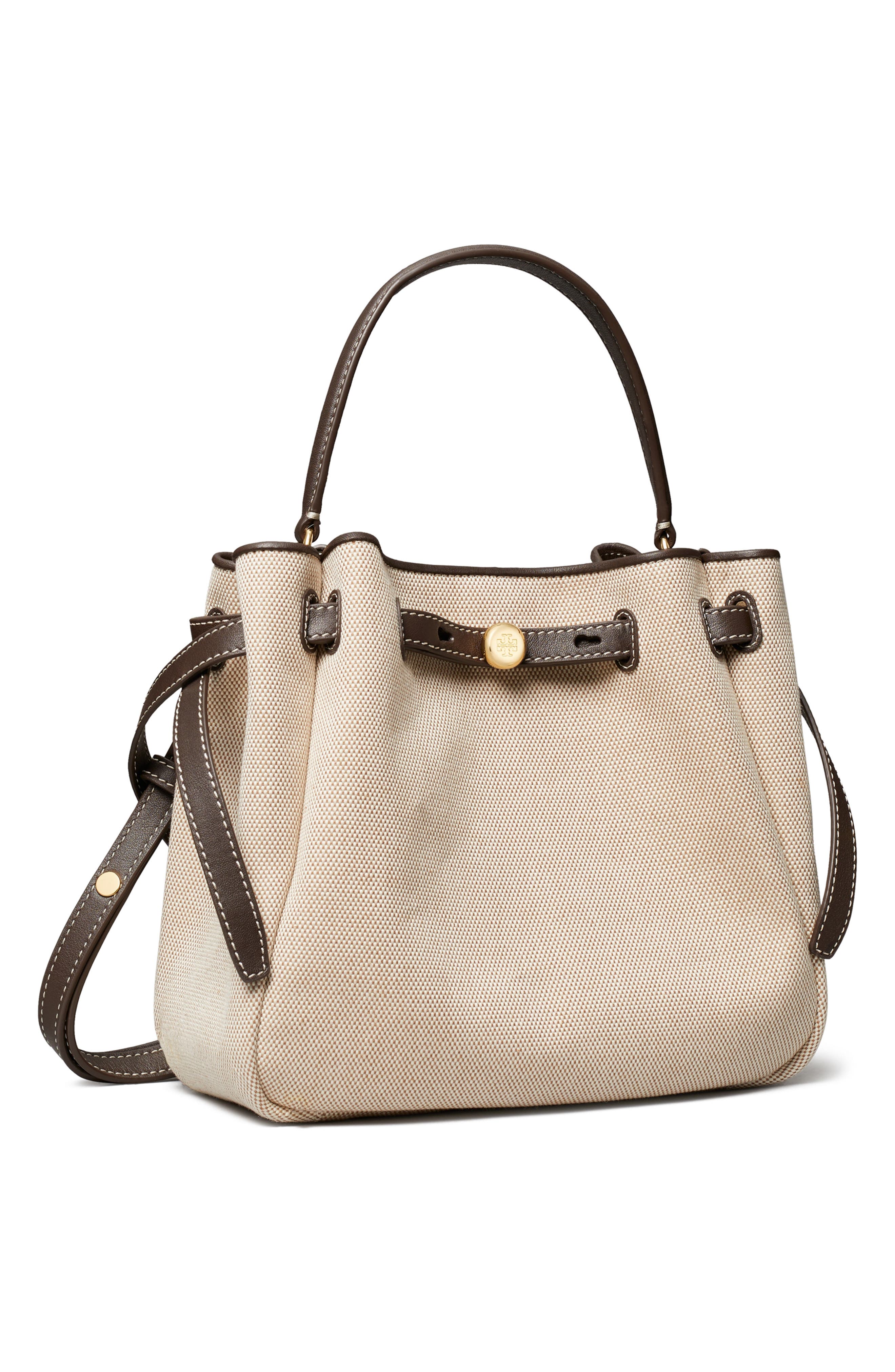 Tory Burch Romy Canvas Bucket Crossbody Bag, Alternate, color, Dusty Almond/ Bianco White