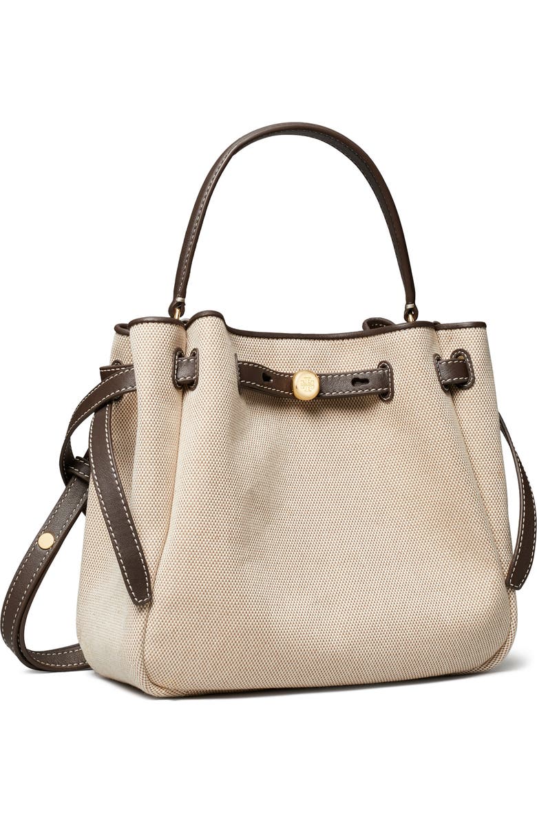 Tory Burch Romy Canvas Bucket Crossbody Bag, Alternate, color, Dusty Almond/ Bianco White