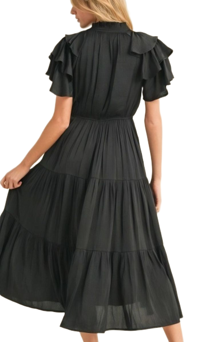 Knit and Lounge Tiered Tie Neck Midi Dress with Ruffle Sleeves, Alternate, color,