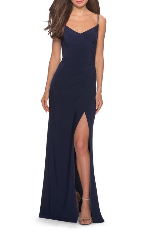 Long Jersey Dress with V-neck and Open Back