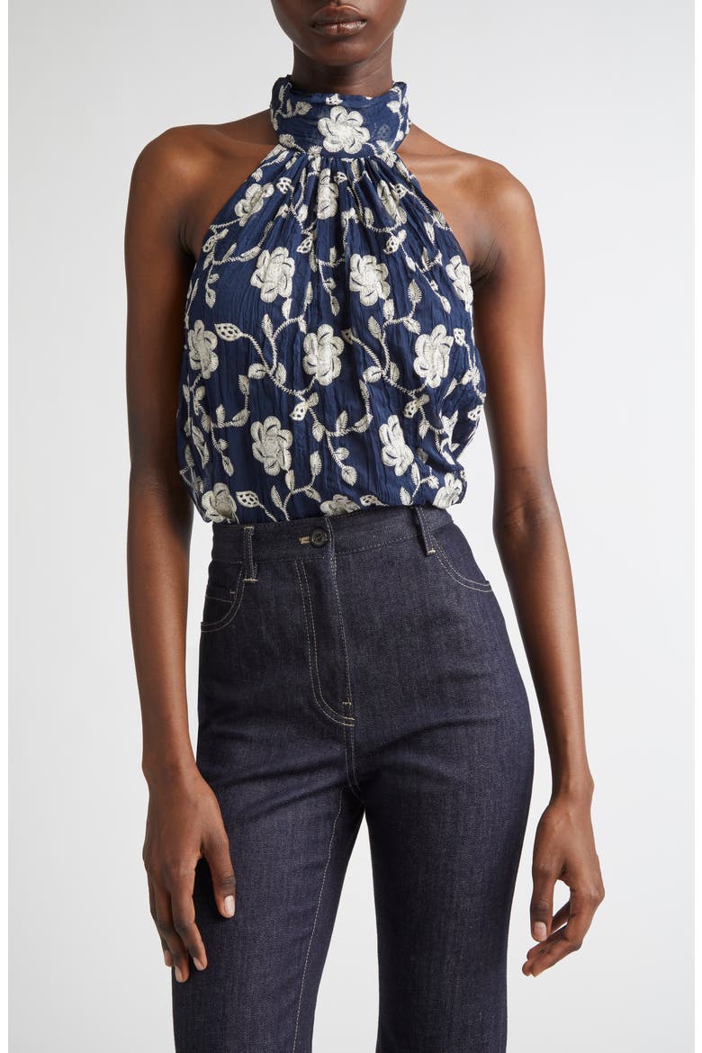 Emerie Embroidered Halter Neck Top, Main, color, SPRING NAVY LILY