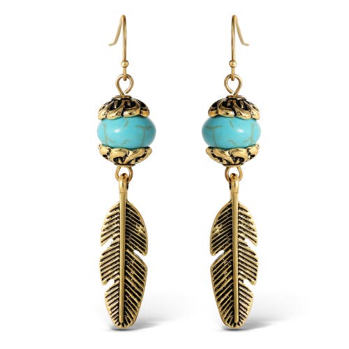 Jessica Simpson Turquoise Bead Feather Drop Earrings In Blue