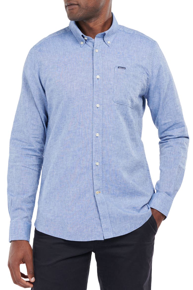 Nelson Tailored Fit Solid Linen & Cotton Button-Down Shirt, Main, color, BLUE