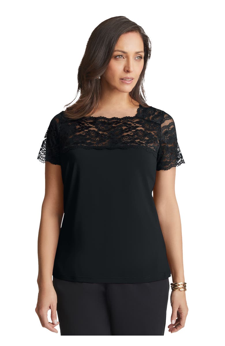 Jessica London Stretch Lace Neckline Top, Main, color, Black
