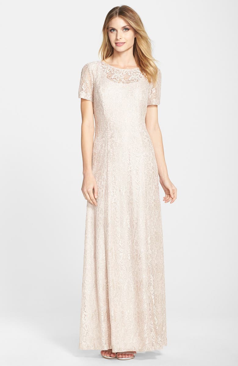 Alex Evenings Embroidered Mesh A-Line Gown, Main, color,