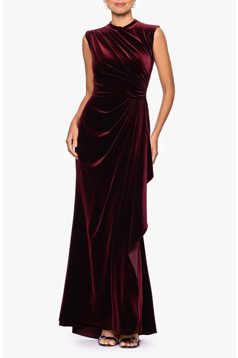 Ruched Velvet Column Gown, Main, color, BURGUNDY