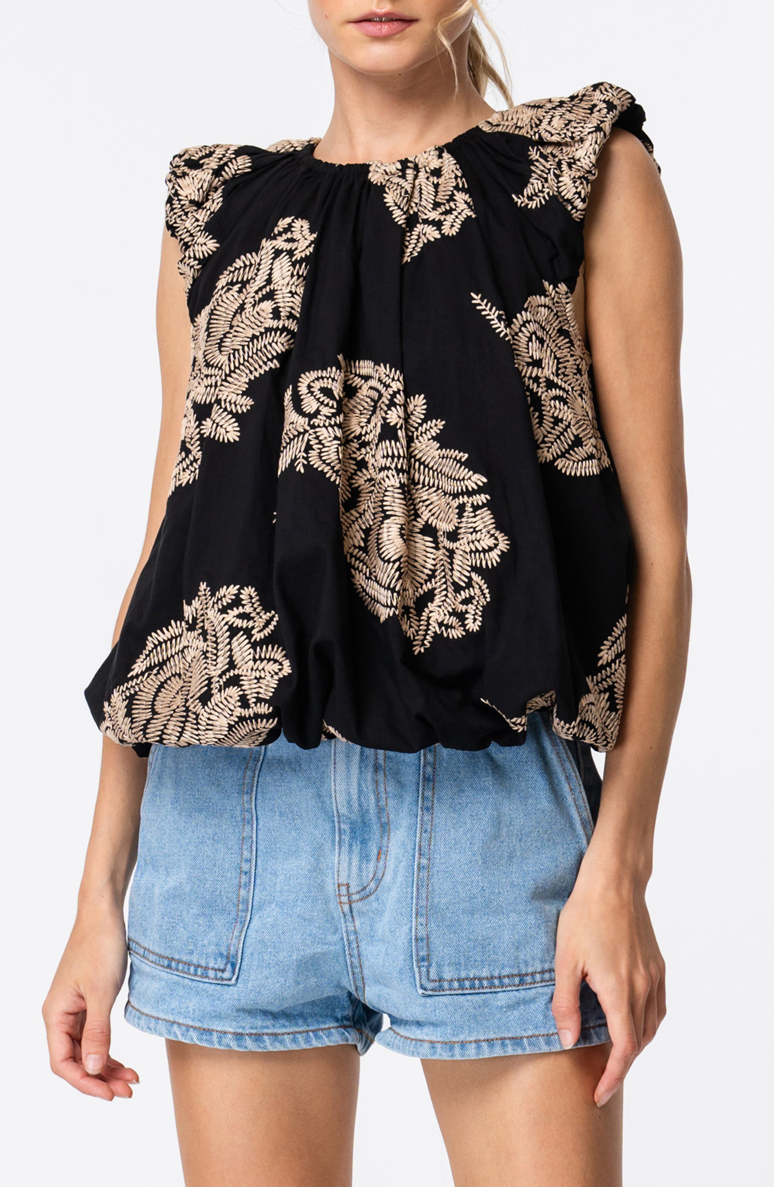 CIEBON Sabrina Embroidered Bubble Hem Cotton Top