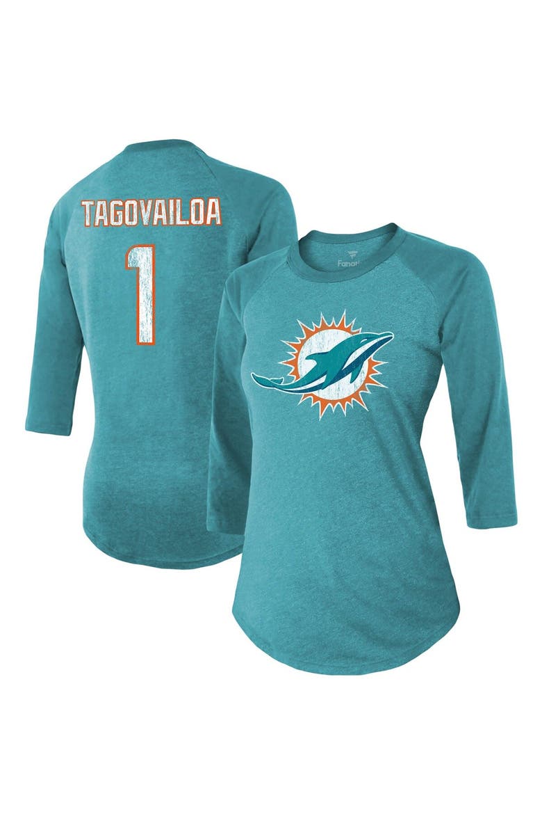 Women's Majestic Threads Tua Tagovailoa Aqua Miami Dolphins Player Name & Number Tri-Blend 3/4-Sleeve Fitted T-Shirt, Main, color, Aqua