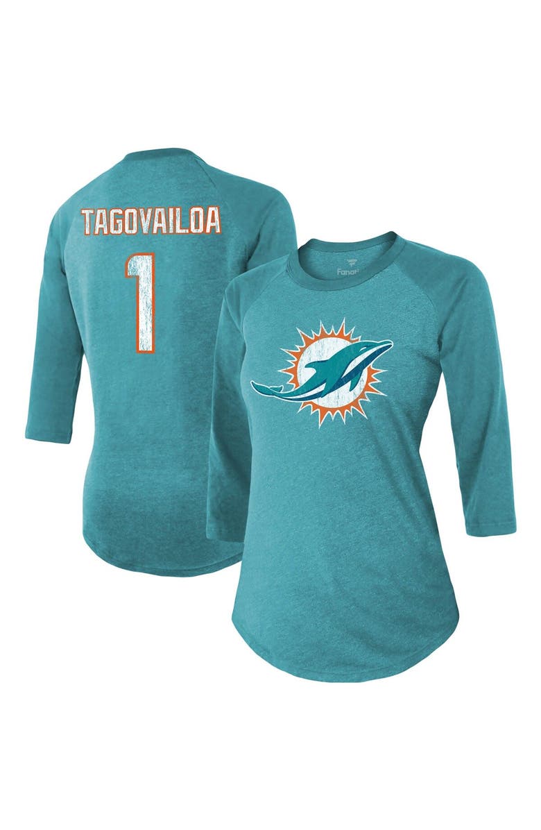 Majestic Threads Women's Majestic Threads Tua Tagovailoa Aqua Miami Dolphins Player Name & Number Tri-Blend 3/4-Sleeve Fitted T-Shirt, Main, color,