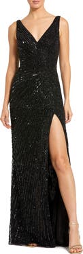 Mac Duggal Beaded Floral High Slit Sleeveless Gown
