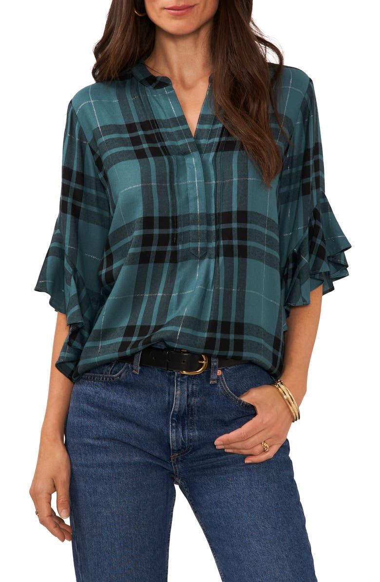 Vince Camuto Plaid Ruffle Sleeve Top, Main, color, 