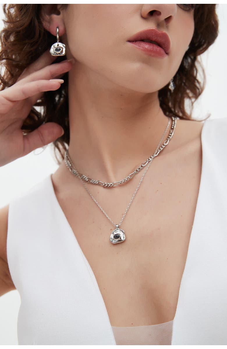 Classicharms Aria Gemstone Pendant Necklace and Figaro Chain Layering Set, Alternate, color, Silver/Noir Black