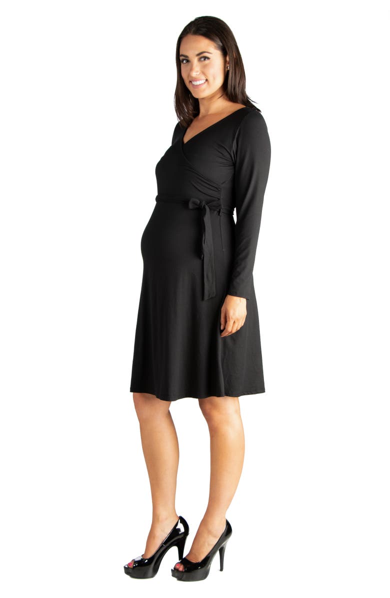 24seven Comfort Apparel Chic V-neck Long Sleeve Belted Maternity Dress, Alternate, color, Black