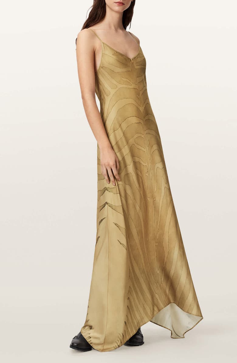 AllSaints Leona Handkerchief Hem Maxi Slipdress, Main, color, Zebra Sand Gold