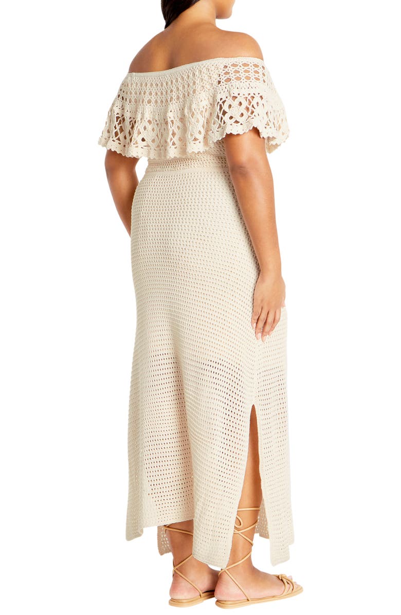 City Chic Callie Open Stitch Tie Waist Off the Shoulder Maxi Dress, Alternate, color, Natural