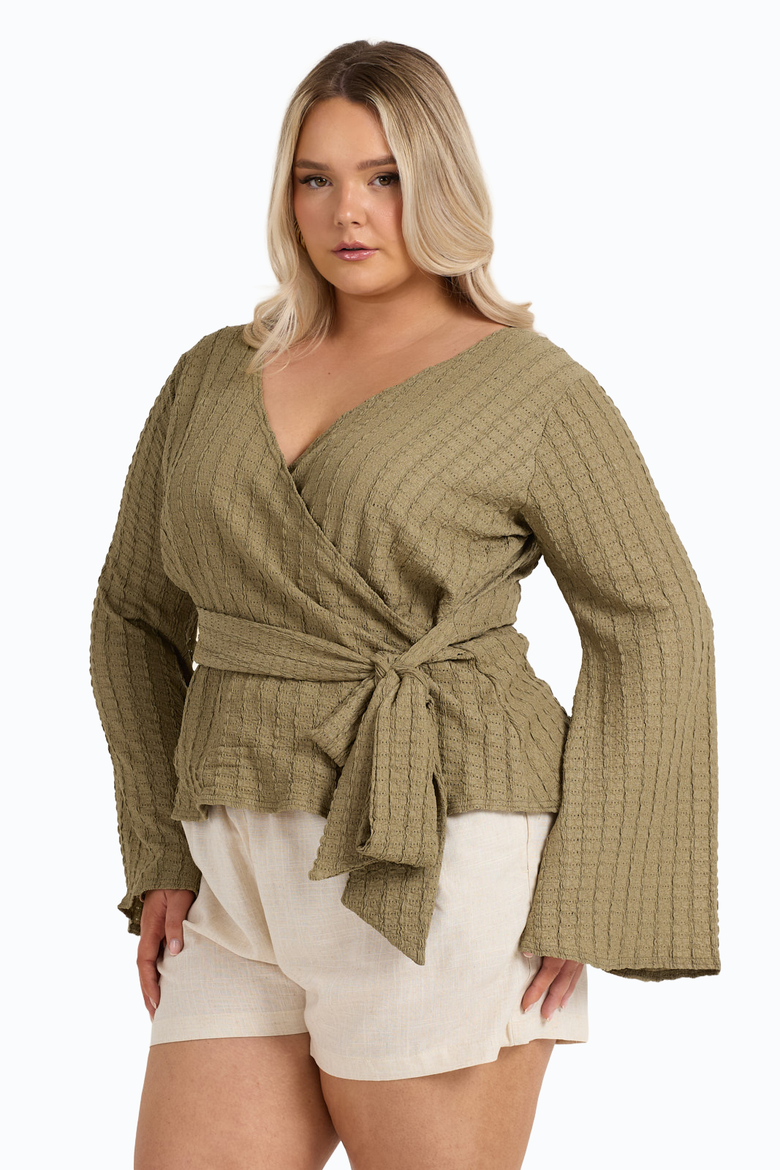 Wrap Front Belted Top, Alternate, color, Khaki