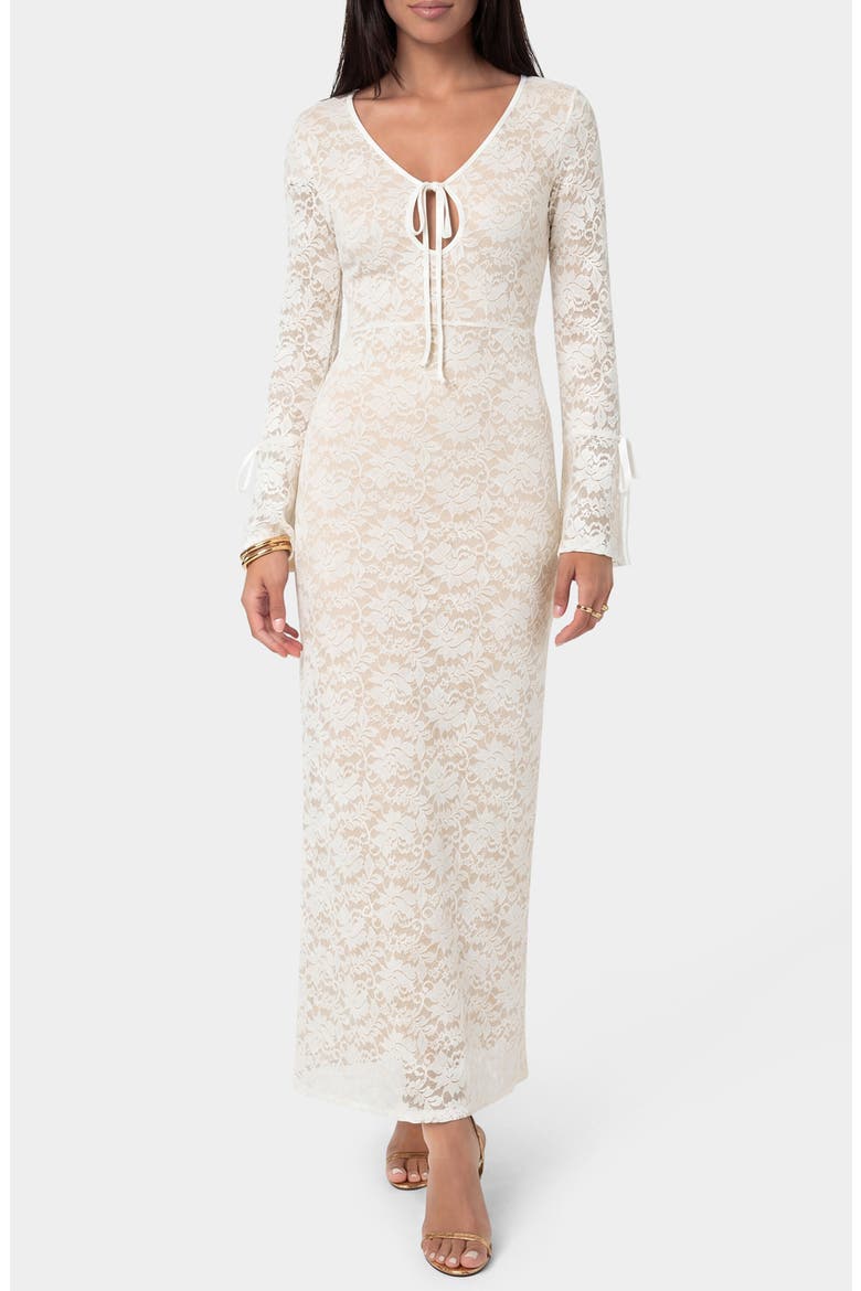 Lace Keyhole Long Sleeve Midi Dress, Main, color, BEIGE WHITE