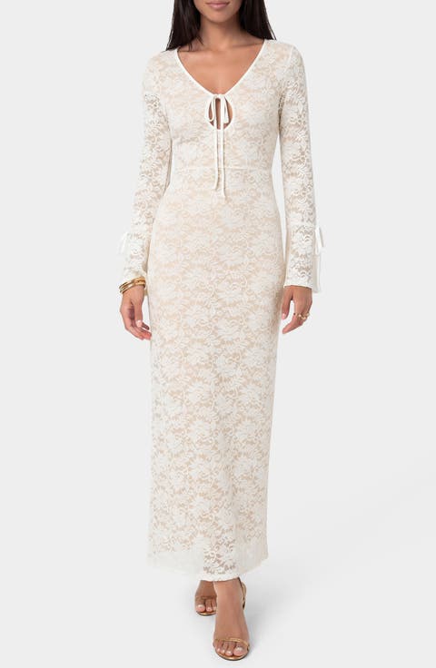 Lace Keyhole Long Sleeve Midi Dress