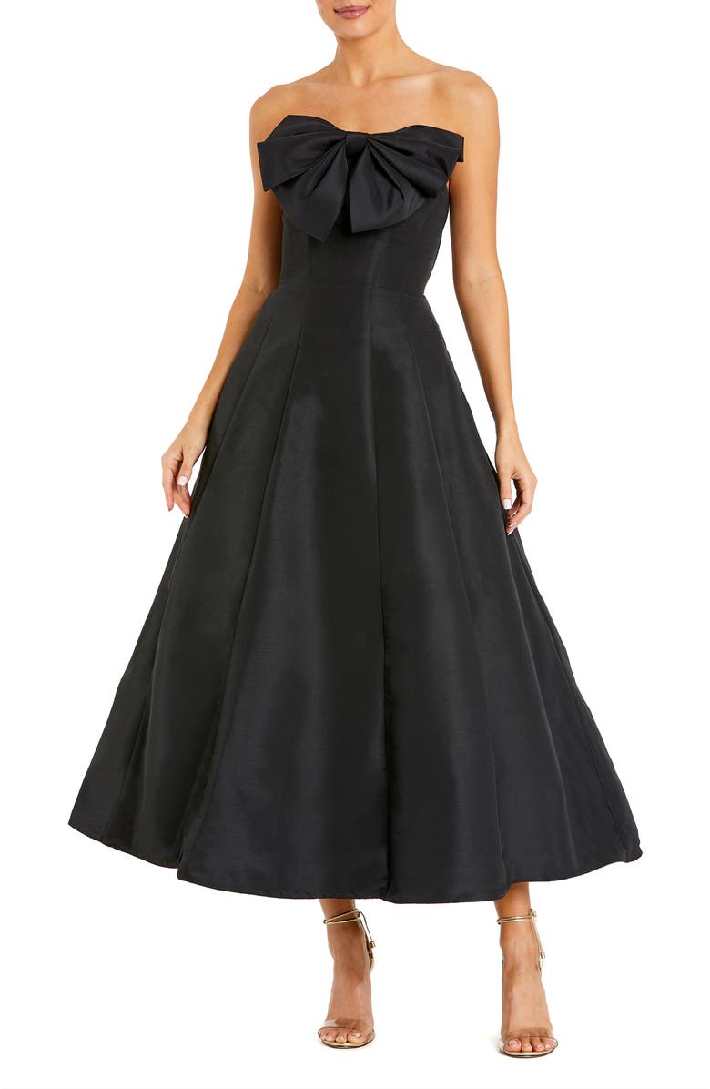 Mac Duggal Strapless A-Line Tea Length Statement Bow Midi Dress, Main, color, Black