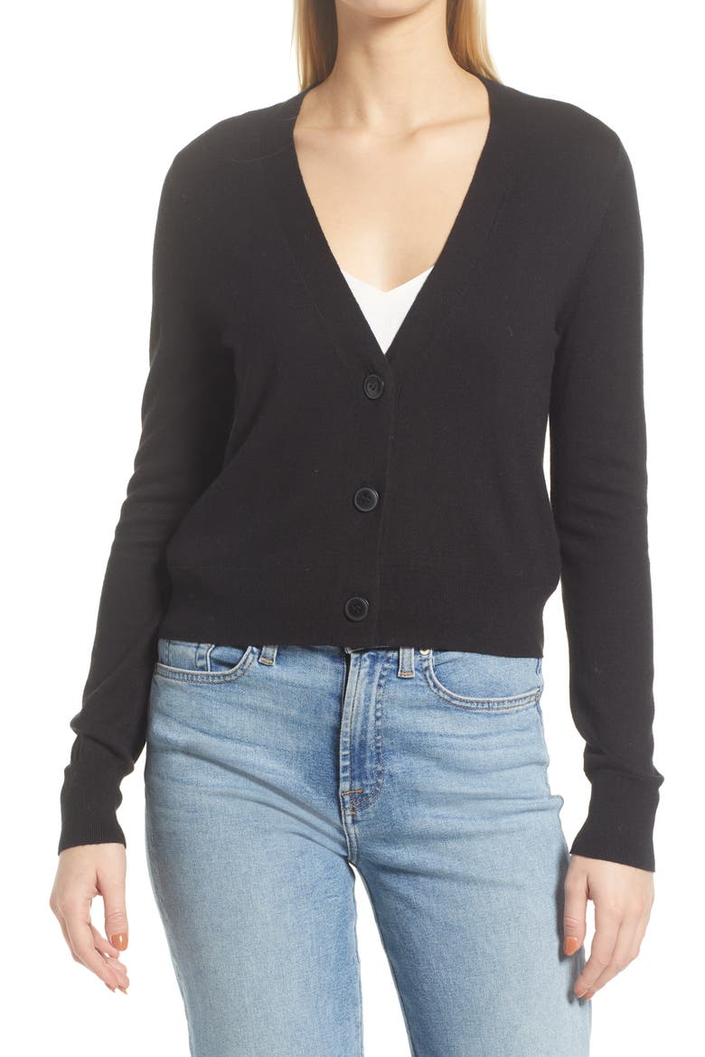 Fitted V-Neck Cardigan, Alternate, color, BLACK