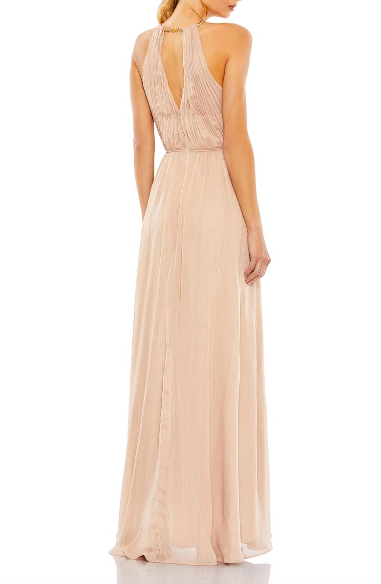 Mac Duggal Chain Trim Keyhole Halter Neck A Line Gown, Alternate, color, Beige