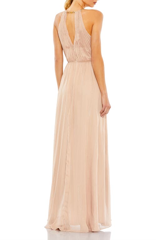 Mac Duggal Chain Trim Keyhole Halter Neck A Line Gown In Beige