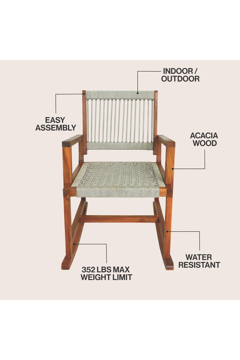 Laguna Coastal Solid Acacia Wood and Woven Rope Indoor/Outdoor Rocking Armchair for Patio, Front Porch, or Living Room, Alternate, color, Beige