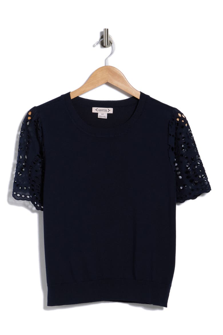 Embroidered Eyelet Short Sleeve Twofer Sweater, Alternate, color, NANETTE NAVY