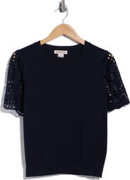 Nanette Lepore Embroidered Eyelet Short Sleeve Twofer Sweater