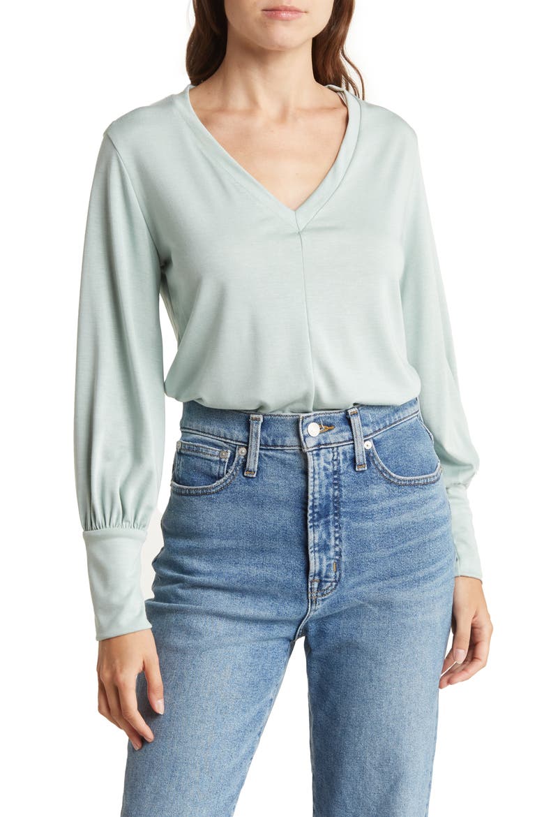 V-Neck Long Sleeve Solid Top, Main, color, SAGE