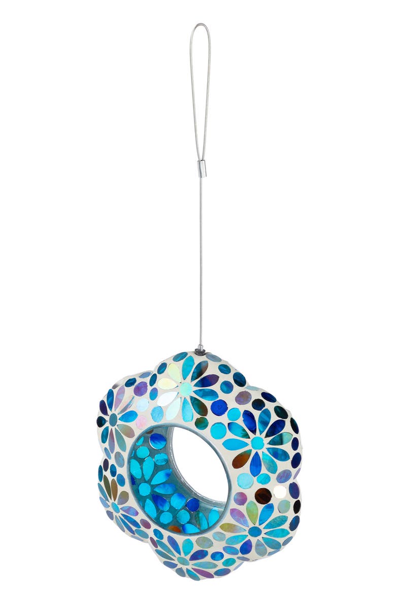 Glitzhome 8.5"D Glass Flower Shaped Hanging Mosaic Birdfeeder, Alternate, color, Blue