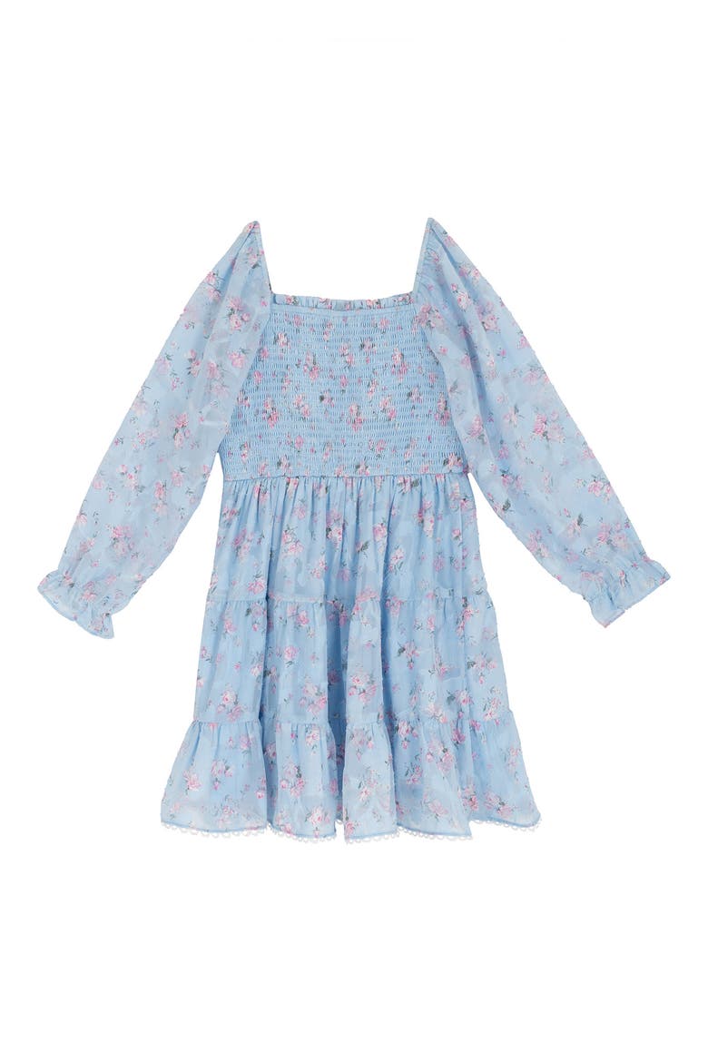 Kids' Floral Burnout Chiffon Smocked Dress, Alternate, color, BLUE